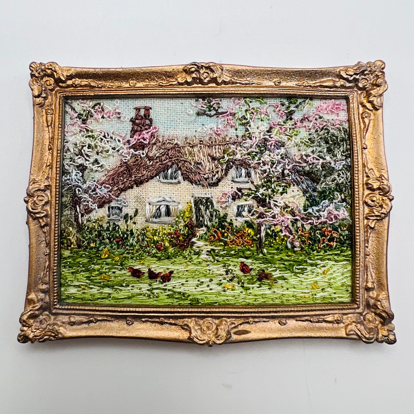 Embroidery Framed - Thatched Cottage with Chickens - 1/12 Scale Dollhouse Miniature