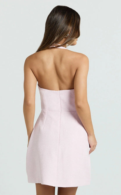 Aurora Mini Dress - Halter Neck Fit and Flare Dress in Pink