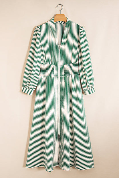 Black Stripe V Neck Zip Front Cinched High Waist Midi Dress