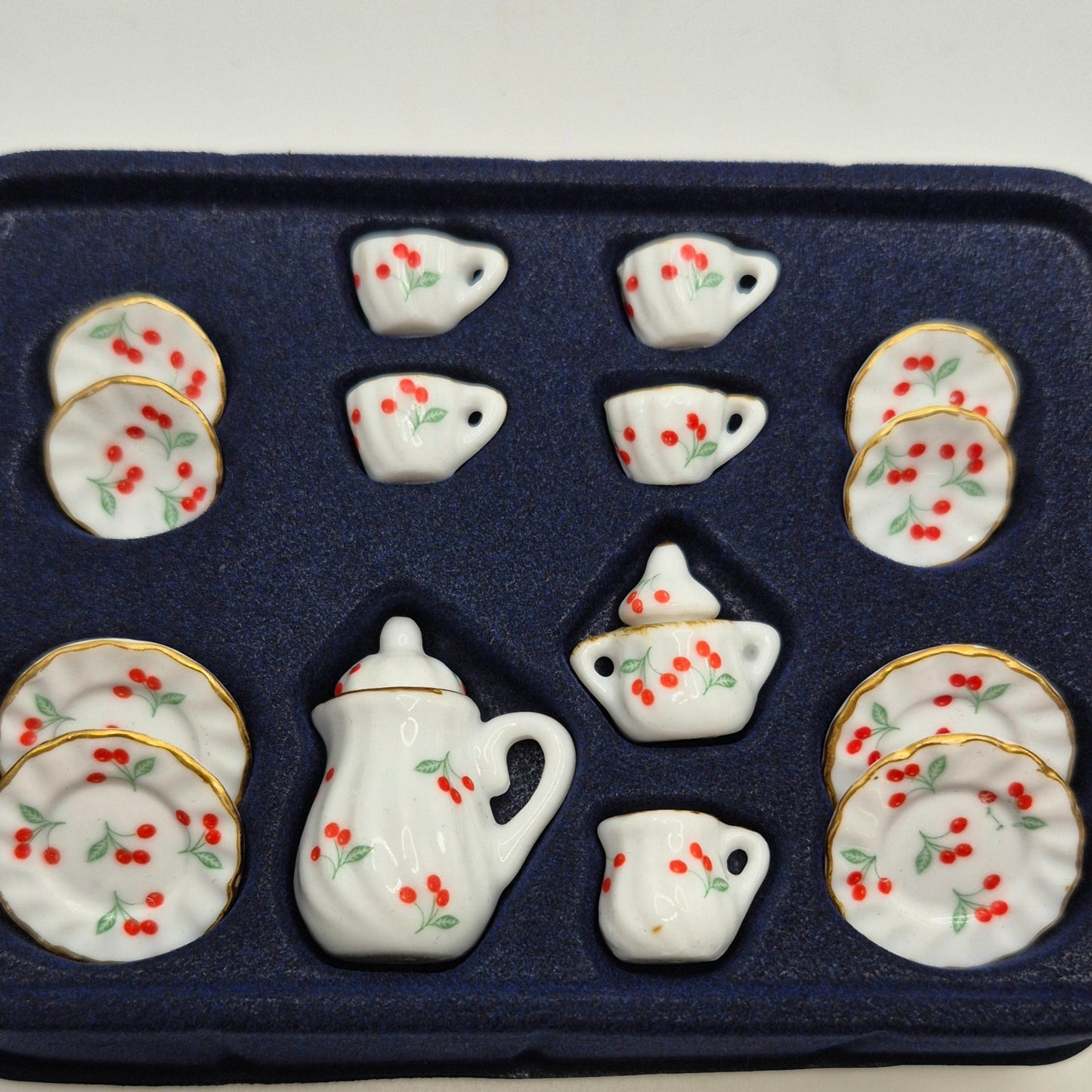 Ceramic Red Flowers Tea Set - 17 Pieces - 1/12 Scale Dollhouse Miniature