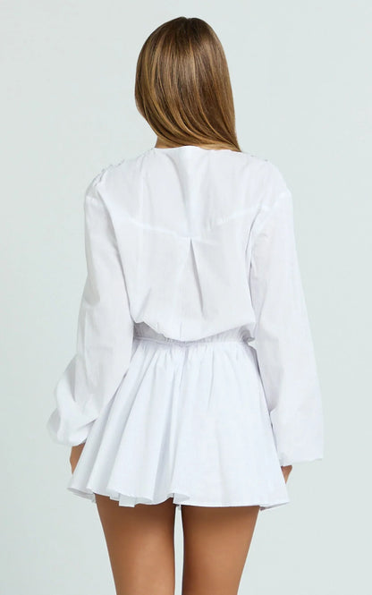 Felix Mini Dress - Front Tie Bishop Sleeve Dress in White