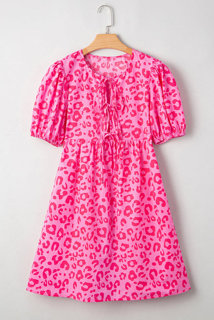 Rose Leopard Puff Sleeve Tie Front High Waist Mini Dress