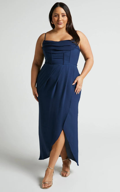 Andrina Midi Dress - High Low Wrap Corset Dress in Navy