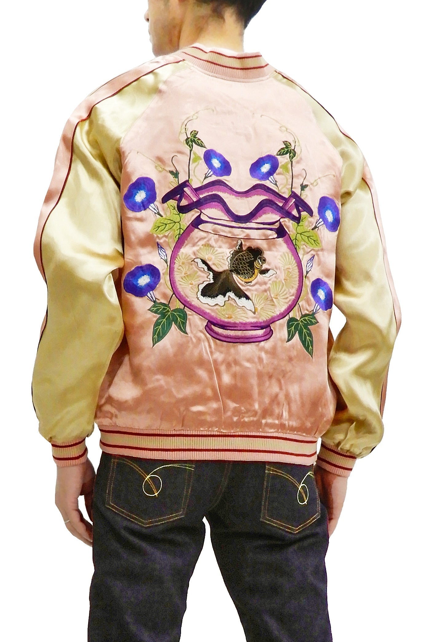 Japanesque Mens Japanese Souvenir Jacket Goldfish Bowl Sukajan 3RSJ-045 Pink/Beige