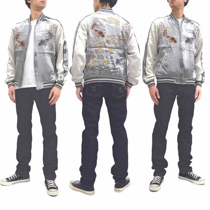 Japanesque Sukajan Men's Japanese Souvenir Jacket Japanese Koi fish 3RSJ-754 Gray/Off