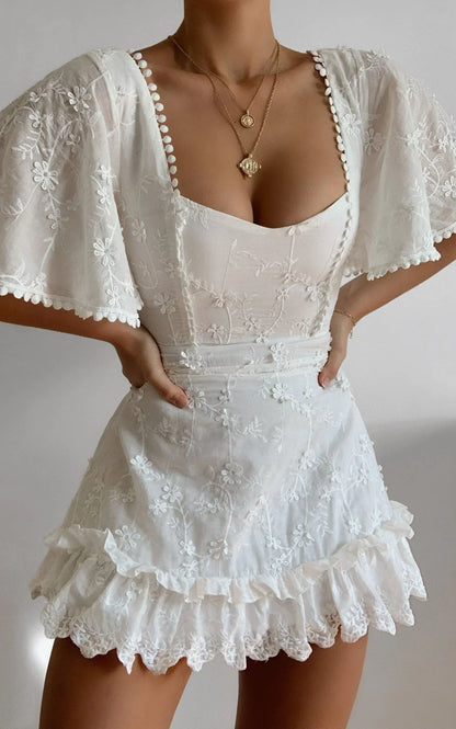 Fancy A Spritz Mini Dress - Square Neck Dress in White Embroidery
