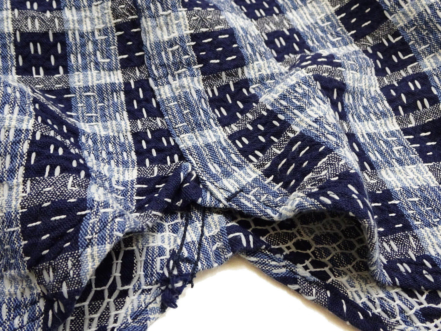 Studio D'Artisan Men's Indigo Plaid Long Sleeve Work Shirt Noragi Boro Sashiko Inspired Made in Japan (SDA 5737)