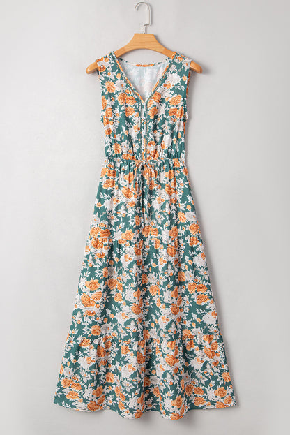 Green Floral Print Trimmed V Neck Tie Waist Sleeveless Holiday Long Dress