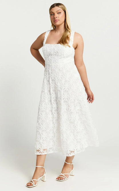 Clarissa Midi Dress - Square Neck Open Back A Line Dress in White