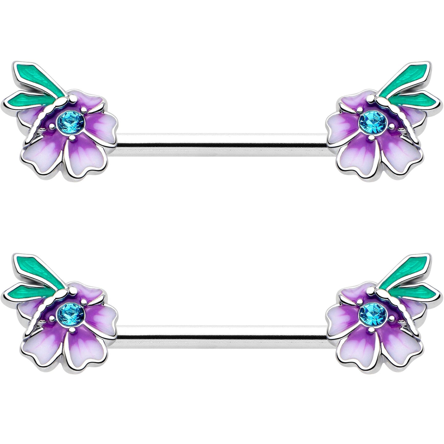 14G 9/16 Blue Gem Faerie Flower Purple Barbell Nipple Ring Set