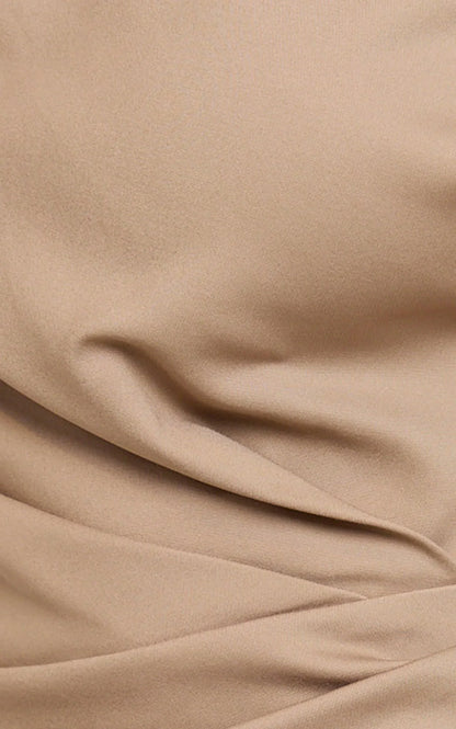 Alexandria Midi Dress - Tip Shoulder Draped Fitted Dress in Mocha