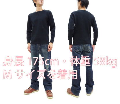 Studio D'Artisan Men's Heavyweight Waffle Knit Thermal Long Sleeve T-Shirt - 100% Cotton, Crew Neck, Ribbed Cuffs, Raw-edge hem, Made in Japan (SDA 9936) Black