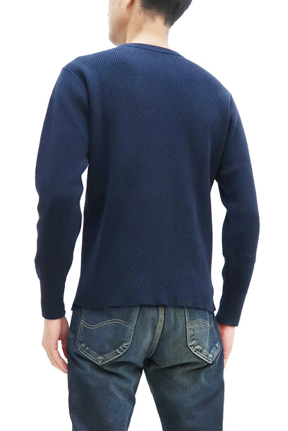 Studio D'Artisan Men's Heavyweight Waffle Knit Thermal Long Sleeve T-Shirt - 100% Cotton, Crew Neck, Ribbed Cuffs, Raw-edge hem, Made in Japan (SDA 9936) Navy-Blue