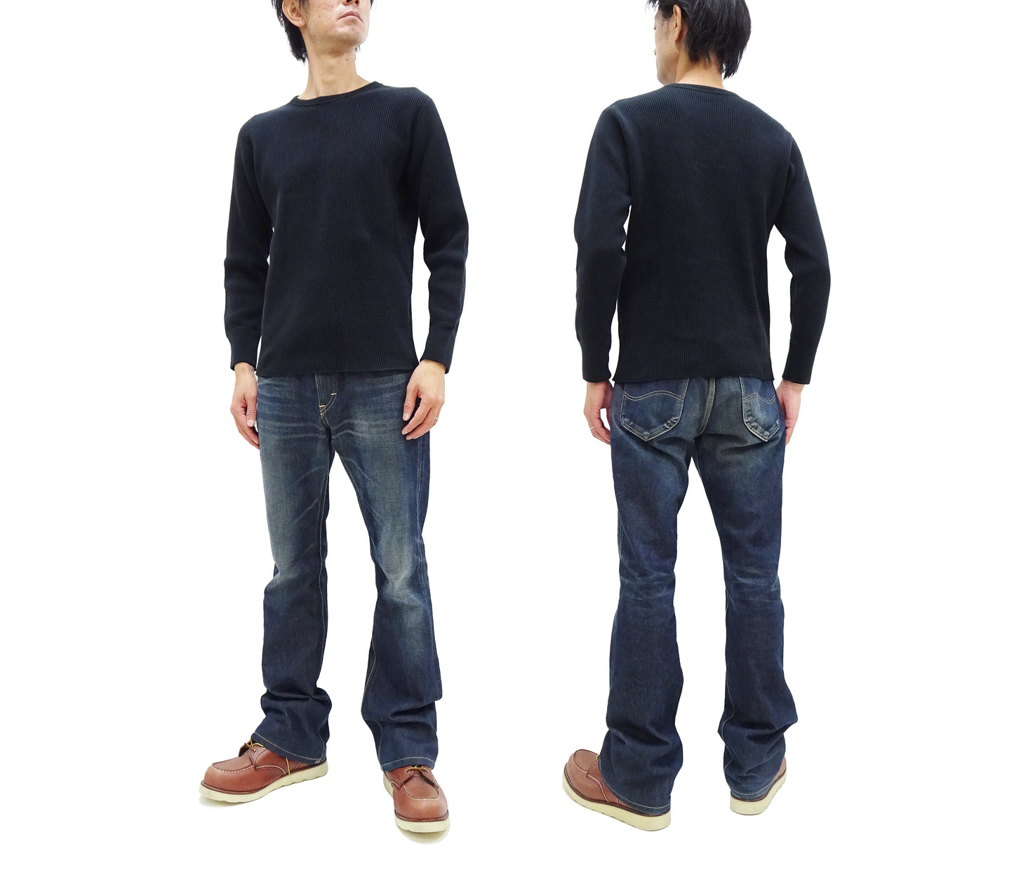 Studio D'Artisan Men's Heavyweight Waffle Knit Thermal Long Sleeve T-Shirt - 100% Cotton, Crew Neck, Ribbed Cuffs, Raw-edge hem, Made in Japan (SDA 9936) Black