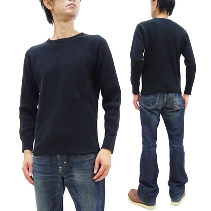 Studio D'Artisan Men's Heavyweight Waffle Knit Thermal Long Sleeve T-Shirt - 100% Cotton, Crew Neck, Ribbed Cuffs, Raw-edge hem, Made in Japan (SDA 9936) Black