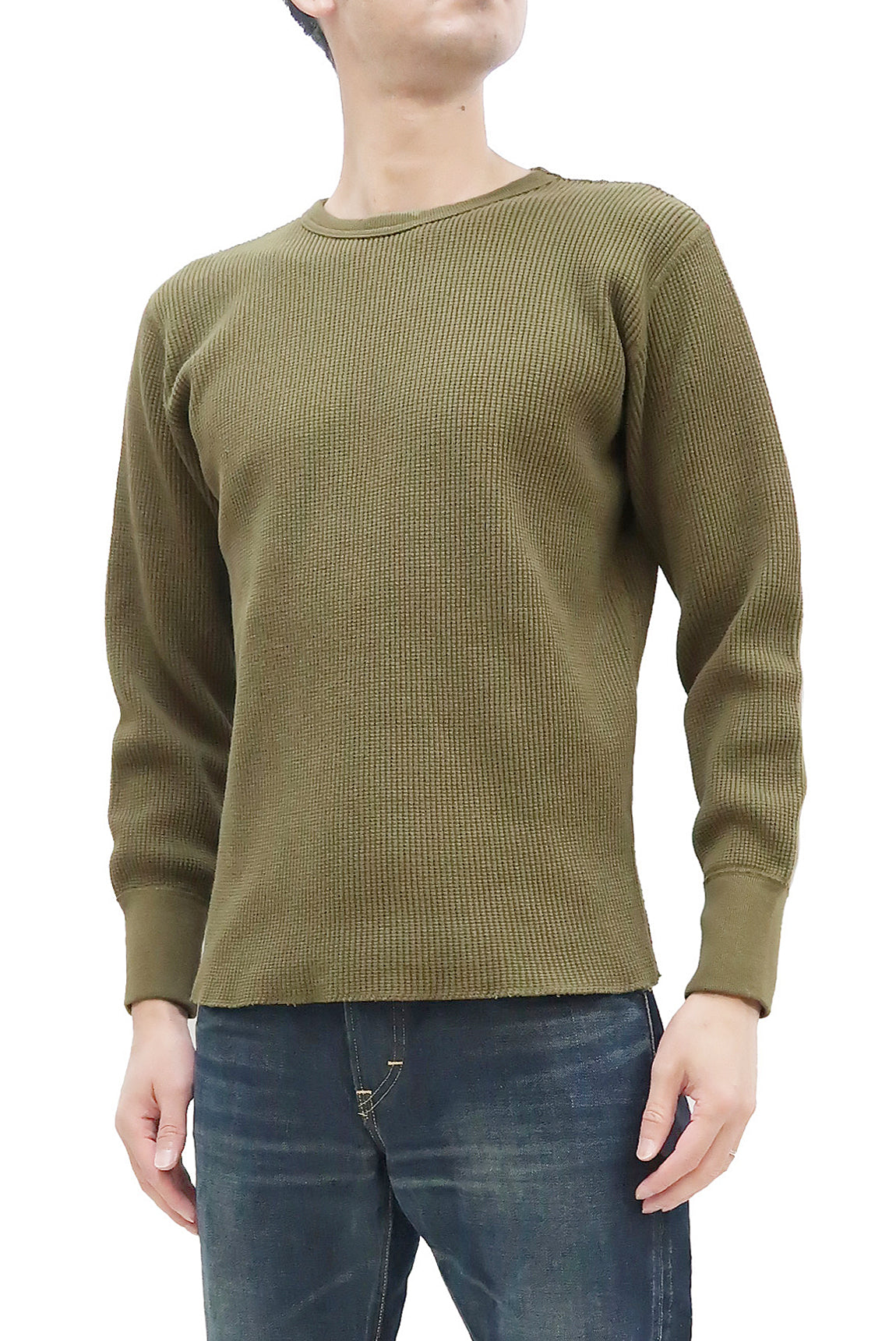 Studio D'Artisan Men's Heavyweight Waffle Knit Thermal Long Sleeve T-Shirt - 100% Cotton, Crew Neck, Ribbed Cuffs, Raw-edge hem, Made in Japan (SDA 9936) Khaki