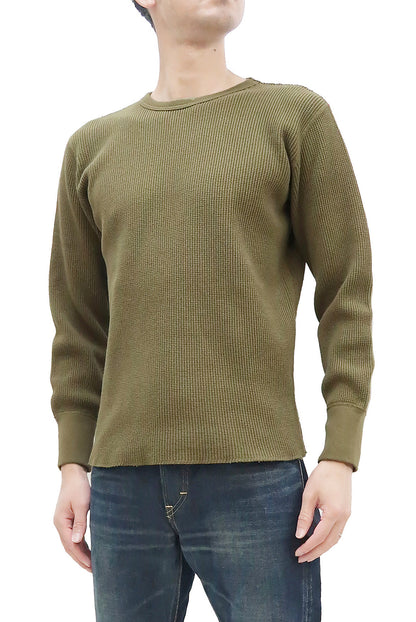 Studio D'Artisan Men's Heavyweight Waffle Knit Thermal Long Sleeve T-Shirt - 100% Cotton, Crew Neck, Ribbed Cuffs, Raw-edge hem, Made in Japan (SDA 9936) Khaki