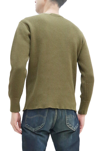 Studio D'Artisan Men's Heavyweight Waffle Knit Thermal Long Sleeve T-Shirt - 100% Cotton, Crew Neck, Ribbed Cuffs, Raw-edge hem, Made in Japan (SDA 9936) Khaki