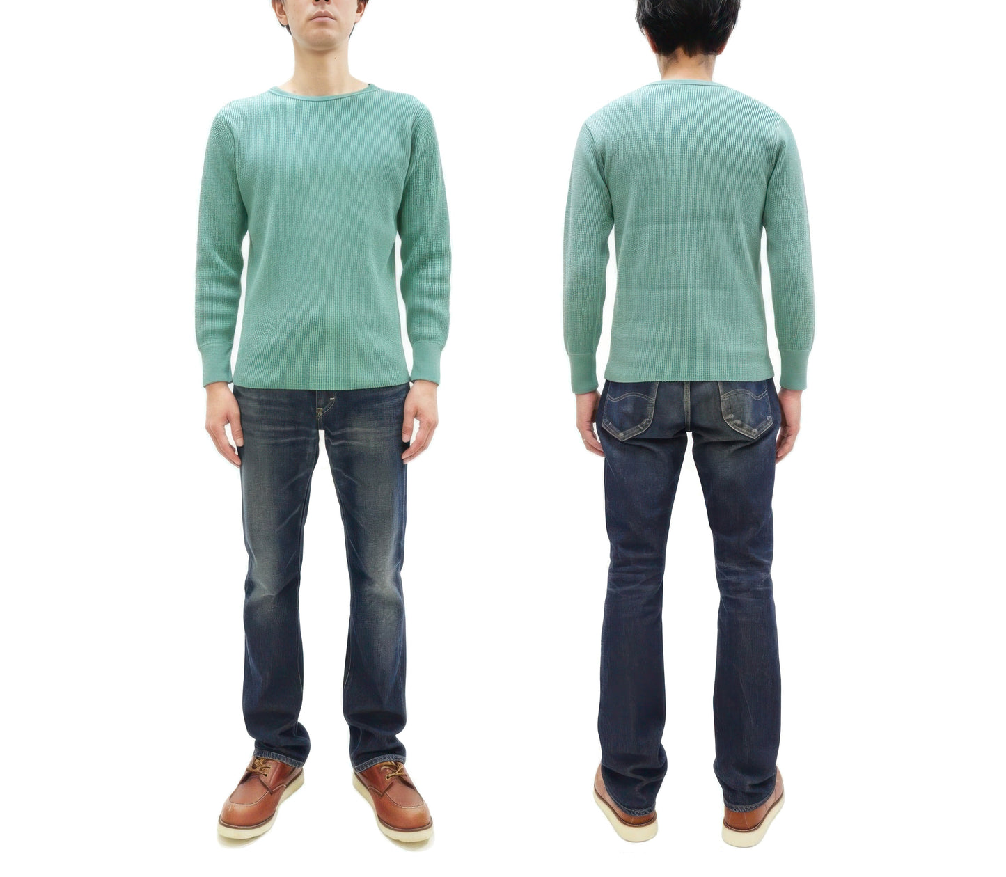 Studio D'Artisan Men's Heavyweight Waffle Knit Thermal Long Sleeve T-Shirt - 100% Cotton, Crew Neck, Ribbed Cuffs, Raw-edge hem, Made in Japan (SDA 9936) Emerald Green