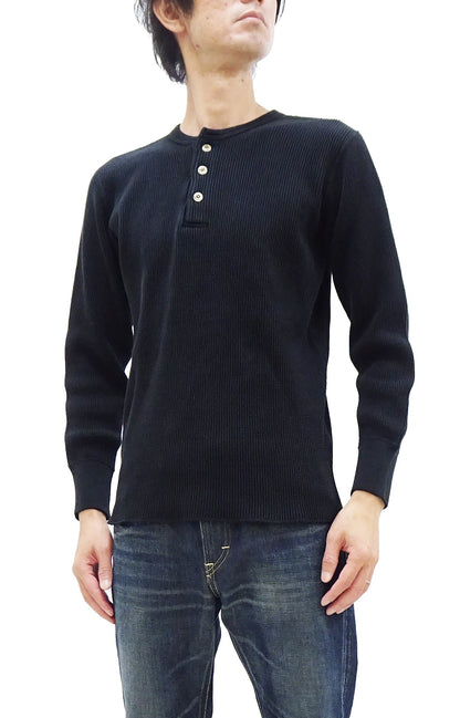 Studio D'Artisan Men's Heavyweight Waffle Knit Thermal Henley Long Sleeve T-Shirt - 100% Cotton, Ribbed Crew Neck Band, Ribbed Cuffs, Raw-edge hem, Made in Japan (SDA 9937) Black