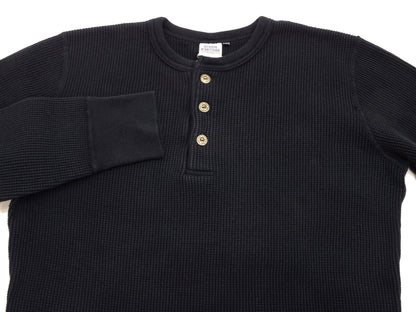 Studio D'Artisan Men's Heavyweight Waffle Knit Thermal Henley Long Sleeve T-Shirt - 100% Cotton, Ribbed Crew Neck Band, Ribbed Cuffs, Raw-edge hem, Made in Japan (SDA 9937) Black