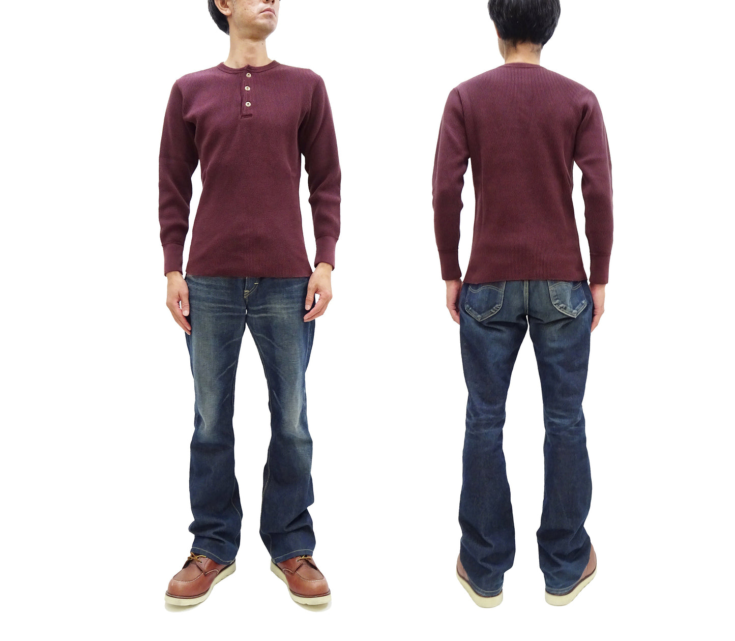 Studio D'Artisan Men's Heavyweight Waffle Knit Thermal Henley Long Sleeve T-Shirt - 100% Cotton, Ribbed Crew Neck Band, Ribbed Cuffs, Raw-edge hem, Made in Japan (SDA 9937) Burgundy