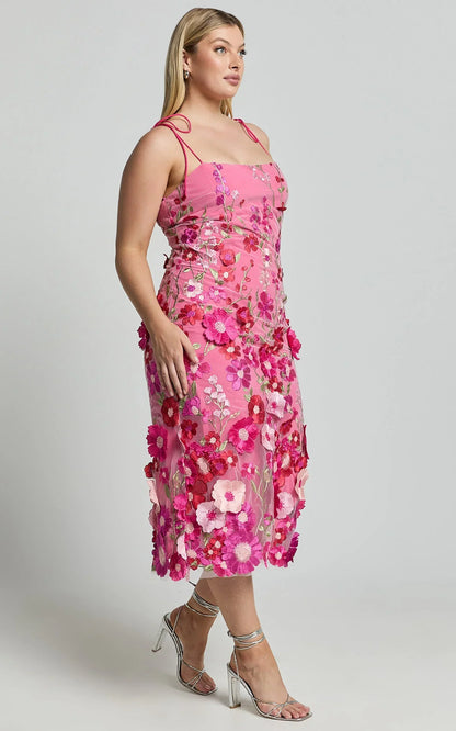Jamich Midi Dress - Straight Neck Tie Strap Pencil Dress in Magenta