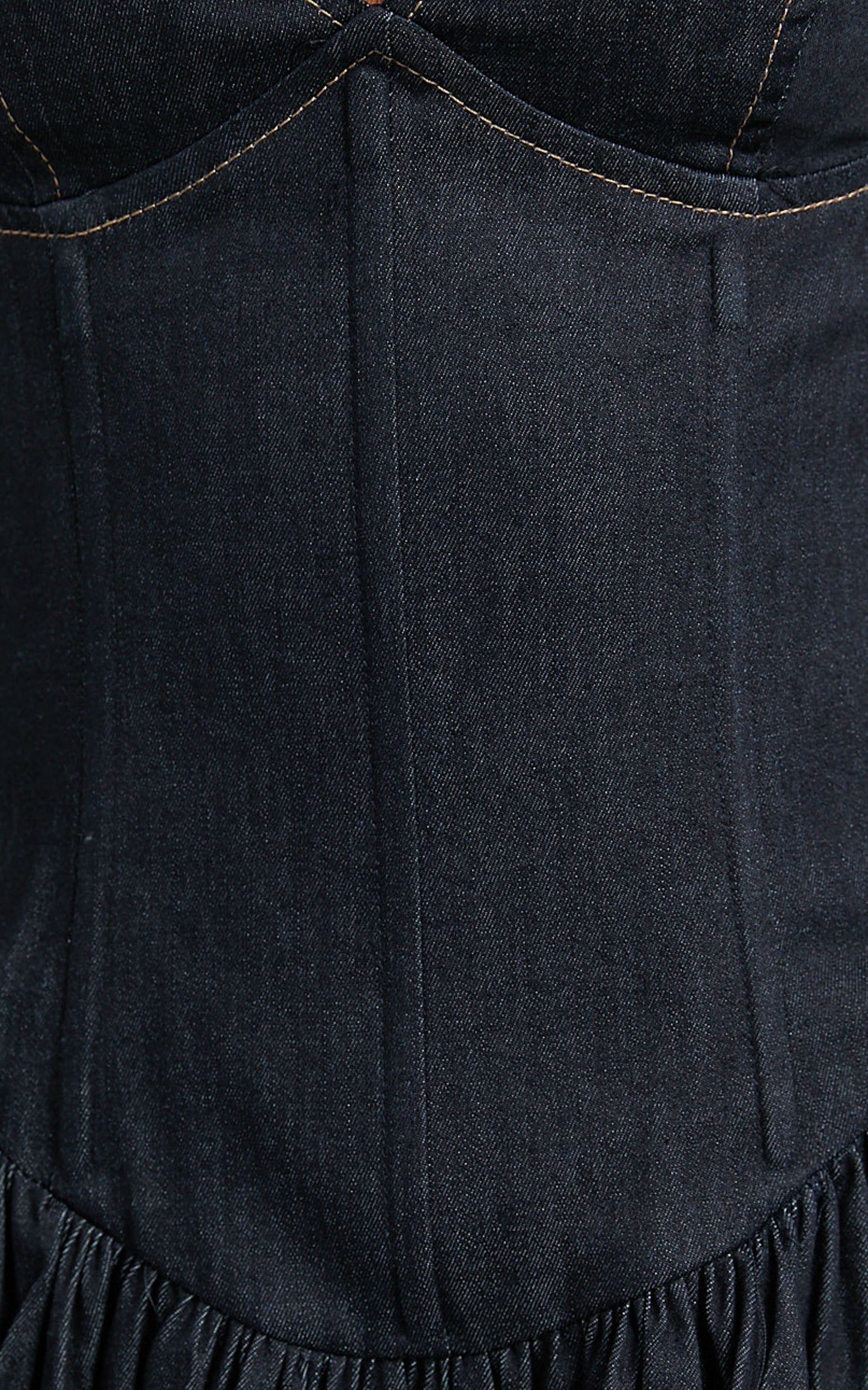 Betchie Mini Dress - Neck Strappy Drop Waist Gathered Skirt Denim Dress in Dark Raw Denim