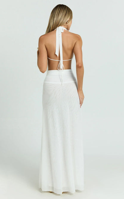 Bettina Maxi Dress - Low Cowl Neck Halter Bodycon Dress in Off White