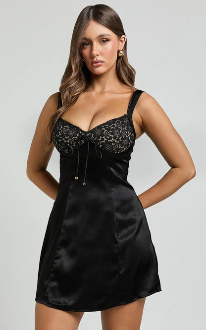 Georgine Mini Dress - Wide Strap Sweetheart Neck Slip Dress in Black