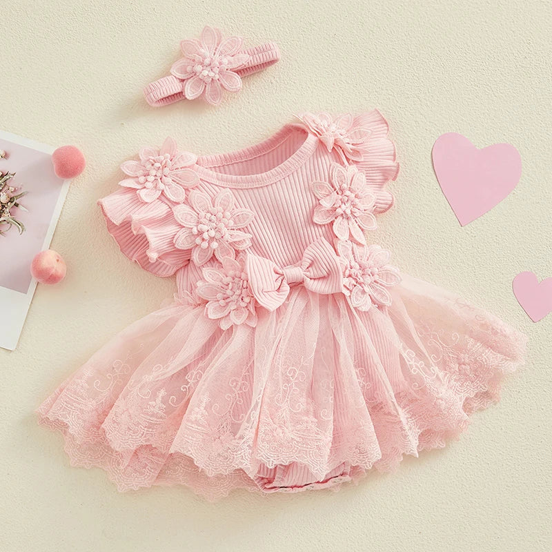 EVERLY Crochet Flower & Lace Romper with Headband