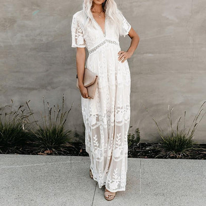 Summer Boho Women Maxi Dress Loose Embroidery White Lace Long Tunic Beach Dress Vacation Holiday Women Clothing