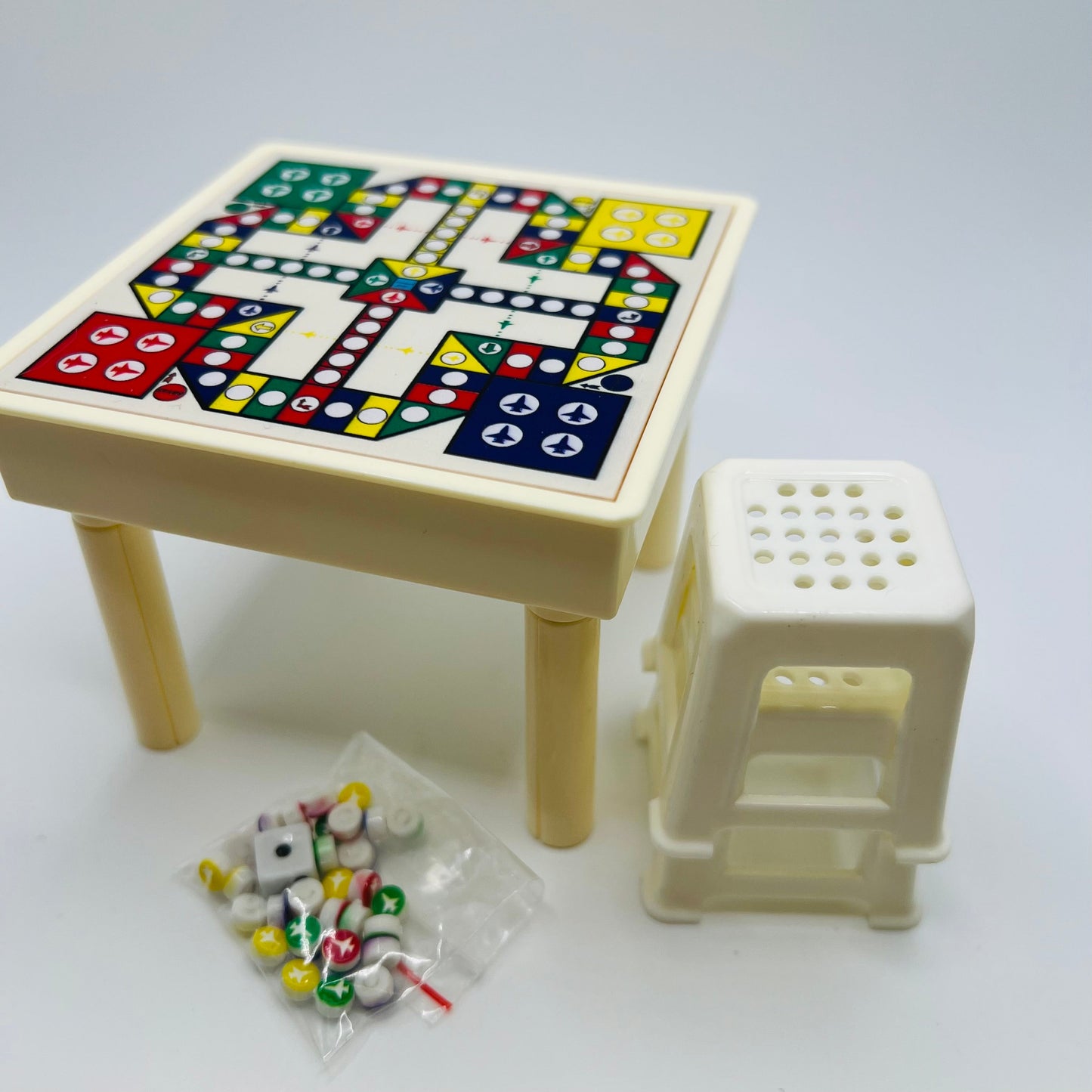 Miniature Flying Chess - Table, two Stools and game