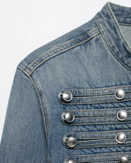 2026 New Women Denim 2 Piece Set Streetwear Button Decorated Stand Collar Cropped Jacket + Low Waist Shorts Y2K Outfi