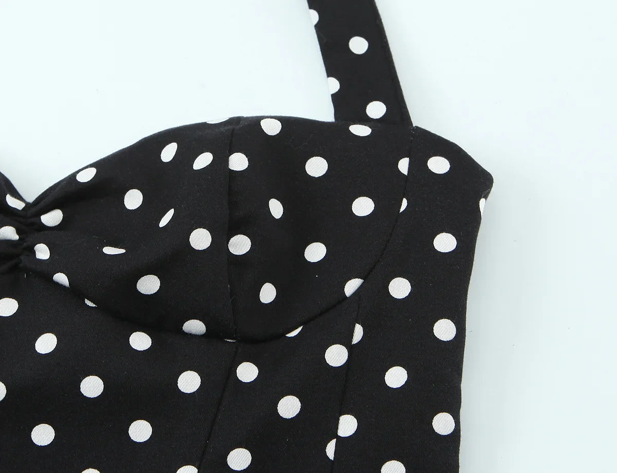 2026 Women New Fashion Suit Sexy Sleeveless Backless Polka Dot Halter Slim Short Top+Side Zipper Casual Short Skirts