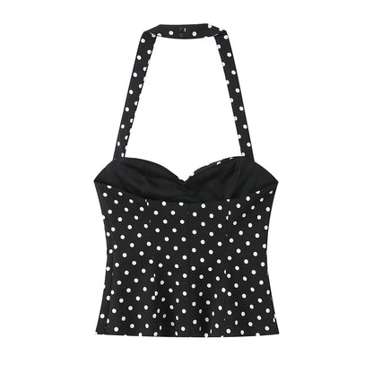2026 Women New Fashion Suit Sexy Sleeveless Backless Polka Dot Halter Slim Short Top+Side Zipper Casual Short Skirts