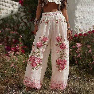 2026 New Women Pink 3D Floral Print Long Pants Elegant High Waist Straight Leg Trousers Casual Party Fashion Streetwear Bottoms