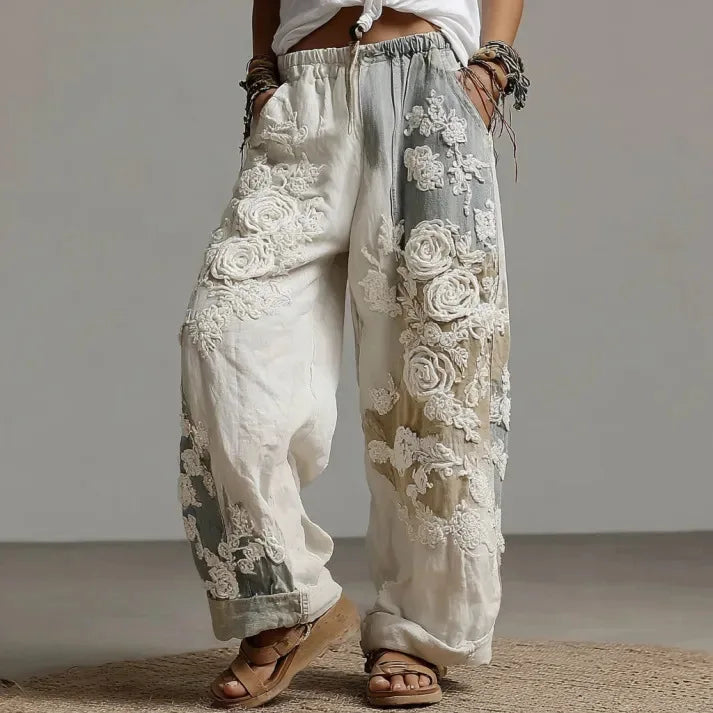 2026 New Women Pink 3D Floral Print Long Pants Elegant High Waist Straight Leg Trousers Casual Party Fashion Streetwear Bottoms