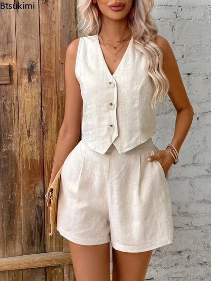 2026 Women's Solid Casual Two Piece Sets Fashion Sexy V-neck Sleeveless Vest Tops and Shorts Suit Women Summer Cotton Linen Sets