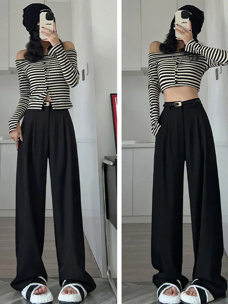 2025 Fall Winter Elegant Gray Suits Pants for Women Office Lady High Waist Wide Leg Fashion Trousers with Pockets Black Pants