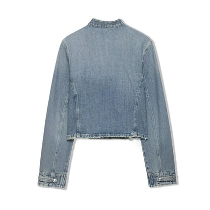 2026 New Women Denim 2 Piece Set Streetwear Button Decorated Stand Collar Cropped Jacket + Low Waist Shorts Y2K Outfi