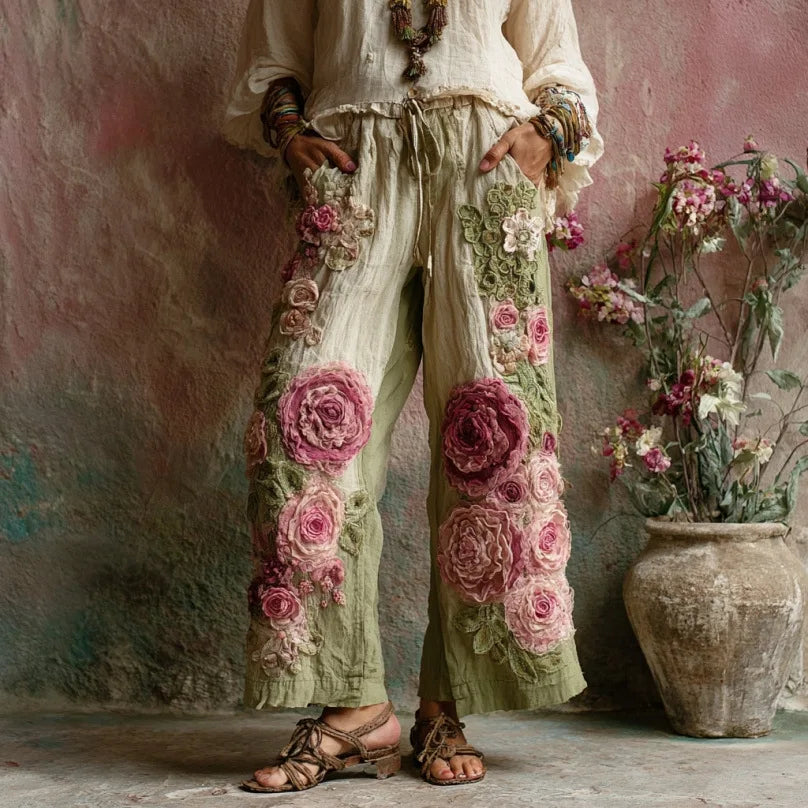 2026 New Women Pink 3D Floral Print Long Pants Elegant High Waist Straight Leg Trousers Casual Party Fashion Streetwear Bottoms
