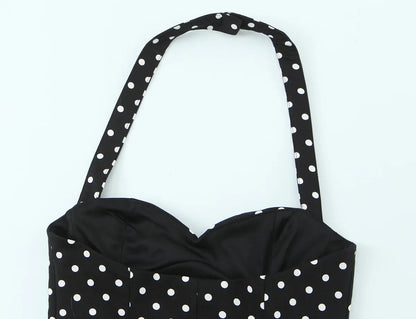 2026 Women New Fashion Suit Sexy Sleeveless Backless Polka Dot Halter Slim Short Top+Side Zipper Casual Short Skirts