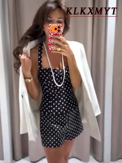 2026 Women New Fashion Suit Sexy Sleeveless Backless Polka Dot Halter Slim Short Top+Side Zipper Casual Short Skirts