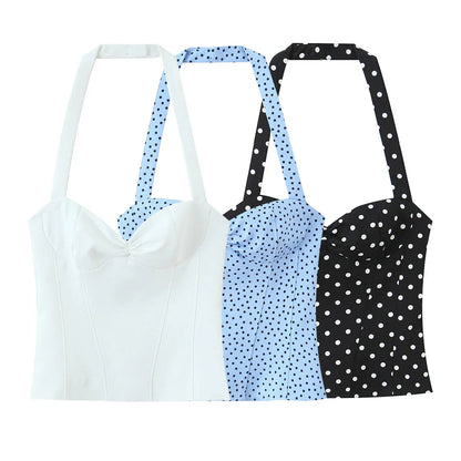 2026 Women New Fashion Suit Sexy Sleeveless Backless Polka Dot Halter Slim Short Top+Side Zipper Casual Short Skirts