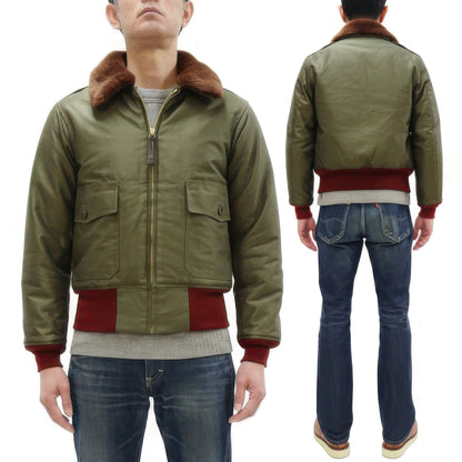 Buzz Rickson Men's B-10 Flight Jacket with Red Ribbed Trim - Superior Togs Co. Model - U.S. Army Air Forces WWII Cotton Bomber Jacket Reproduction - Made in Japan (BR15745 Olive Drab)