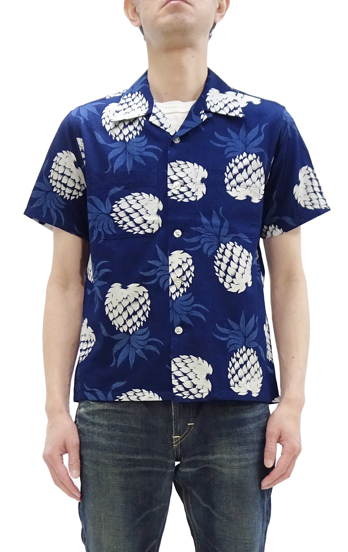 Duke Kahanamoku Cotton Hawaiian Shirt Men's 1950s Duke's Pineapple Print Reproduction Short-Sleeve Indigo Aloha Shirt DK39045 128 Navy-Blue