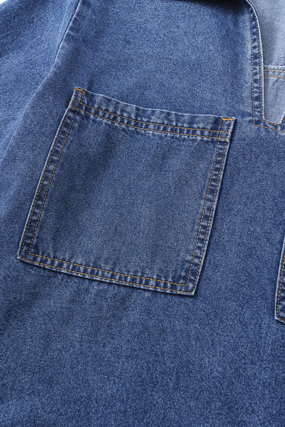 Blue Short Sleeve Collared Chest Pocket Denim Mini Dress