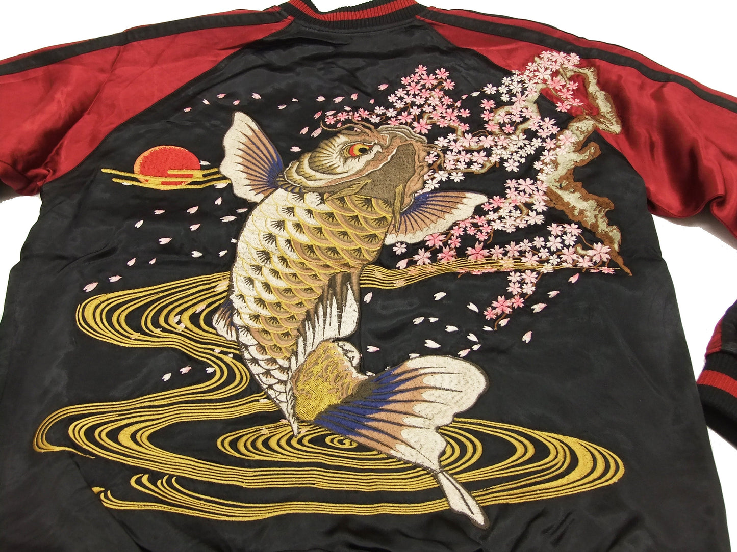 Satori Script Japanese Souvenir Jacket Koi Fish Carp Men's Sukajan GSJR-004 Black/Wine