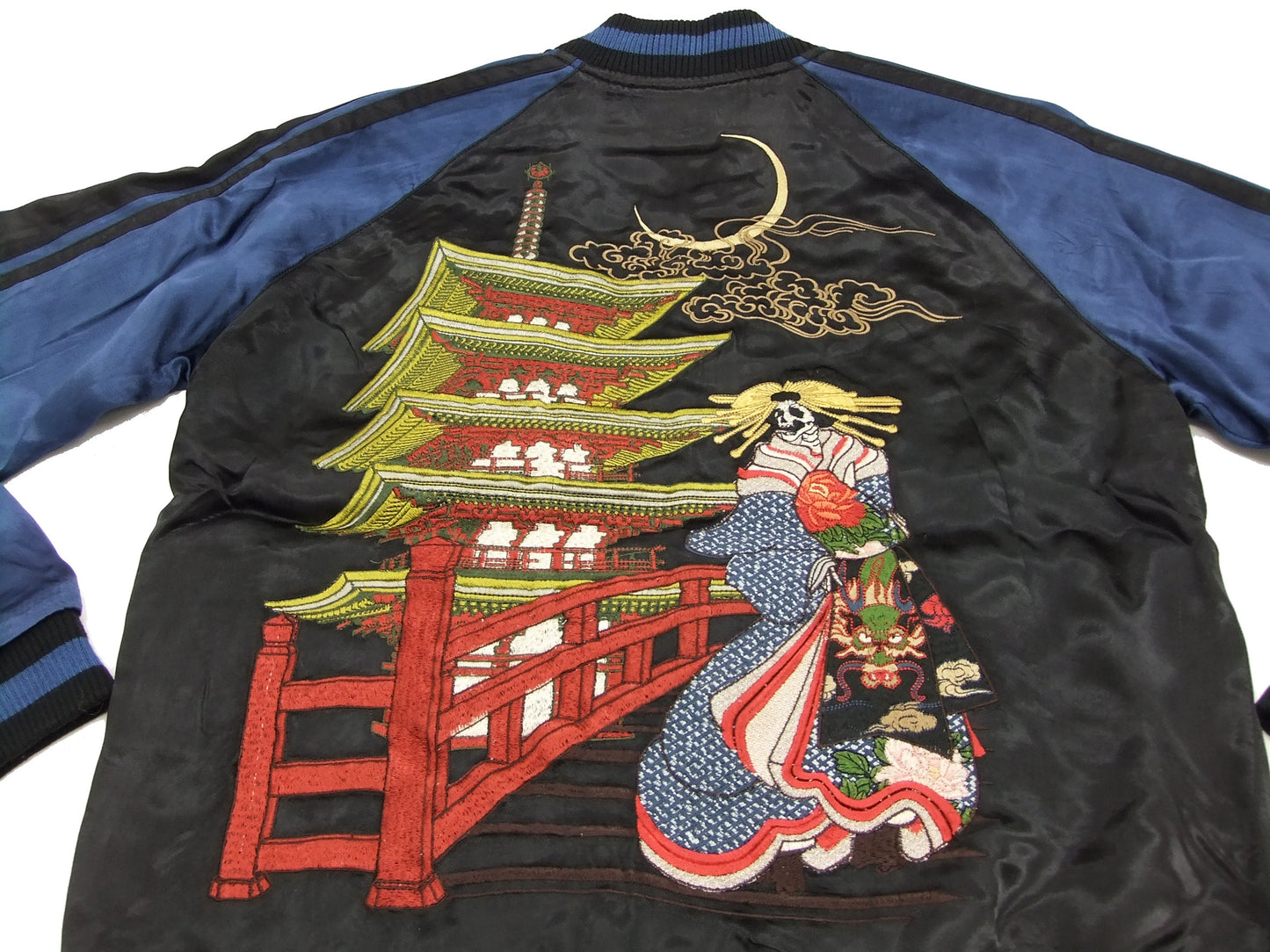 SATORI Japanese Souvenir Jacket GSJR-010 Geisha Skull Men's Sukajan Black/Navy